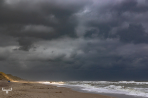 14653 - North Sea beach with light ray on dunes and sea